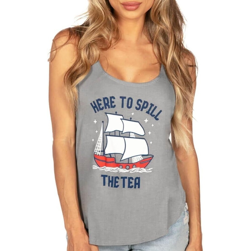 TIPSY ELVES HERE TO SPILL THE TEE PATRIOTIC TANK TOP Womens Size Large GREY NEW